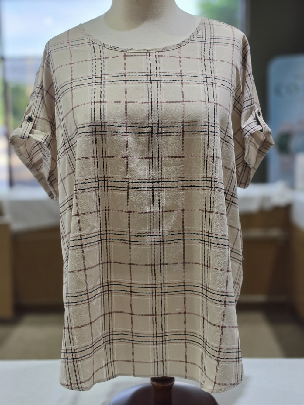Maurices Beige Plaid Short-Sleeve Blouse